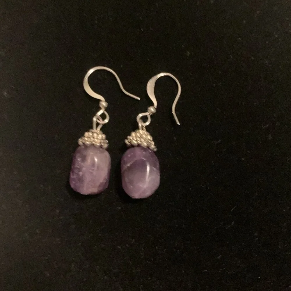 Vintage Silver Amethyst Hook Back‎ Drop Earrings